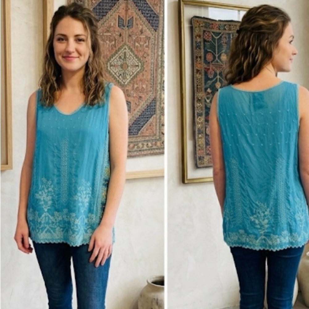 Johnny Was Turquoise Blue Silk Embroidered Tank Top – Boho Eyelet – Size L